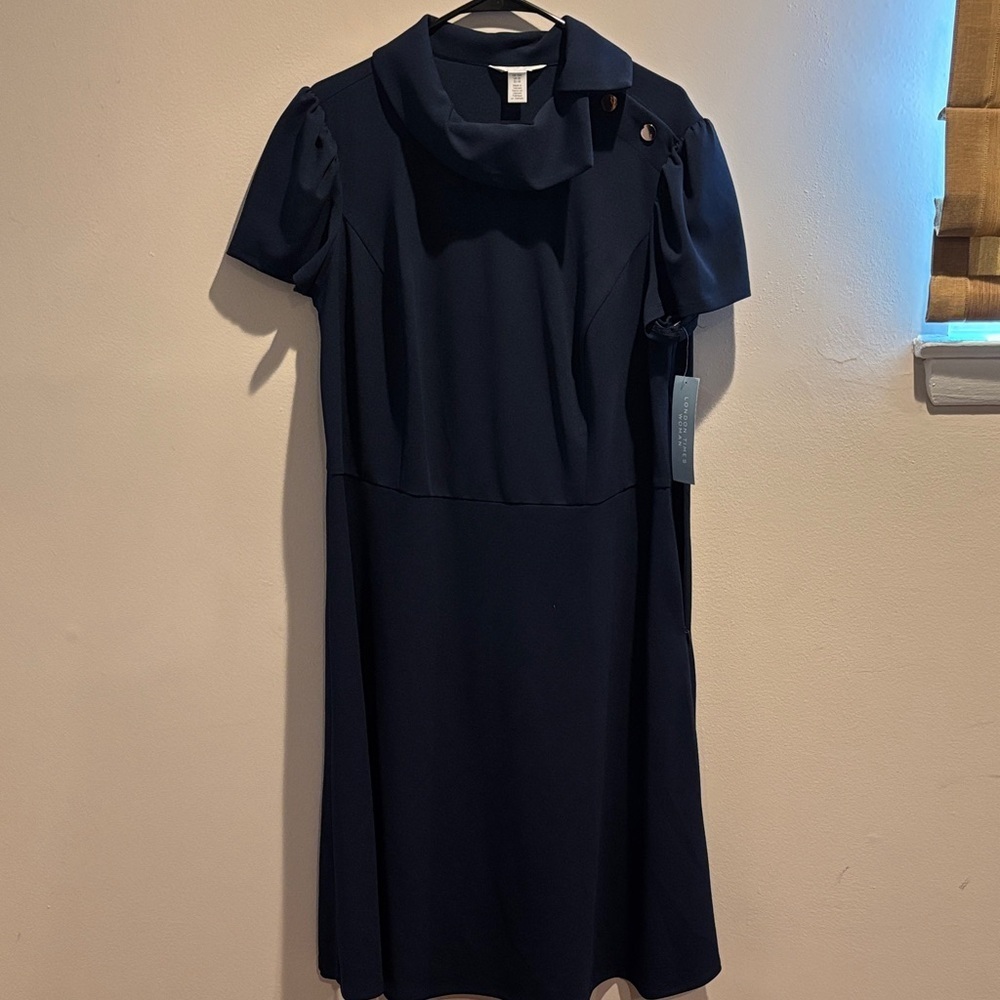 London Times Midnight Blue Cowl Neck Dress